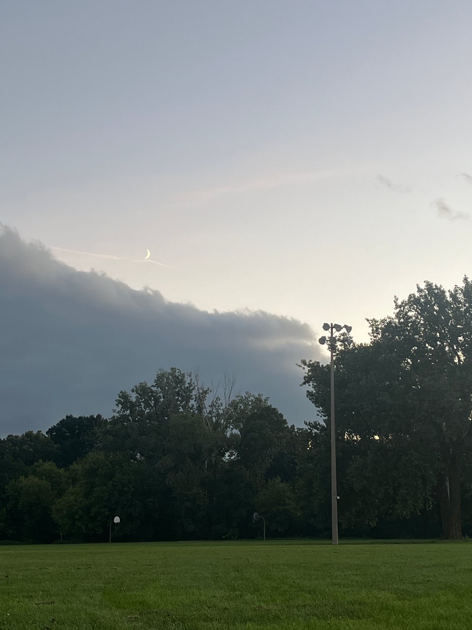 crescent moon over dark clouds, dark green trees, and a green field
