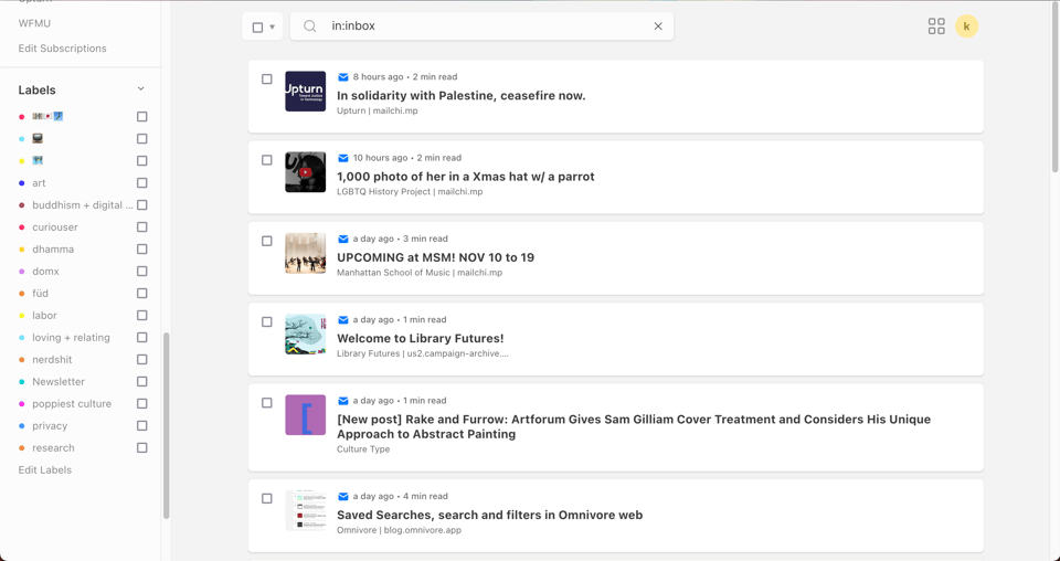 a platform dashboard listing newsletter subscriptions and labels