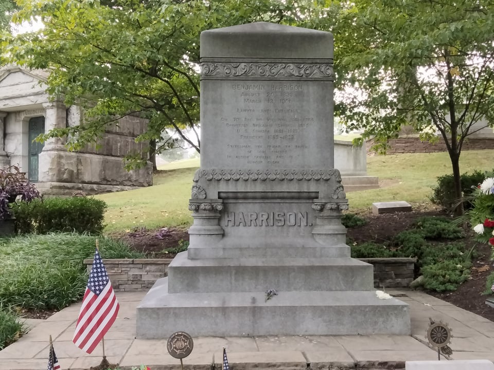 Harrison monument at Crown Hill Cemetery.