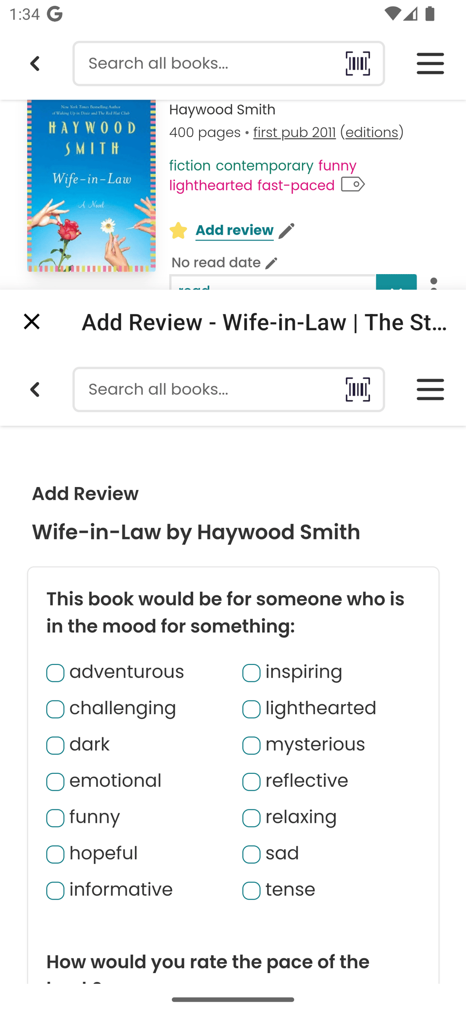 Screenshot of a modal coming up from the bottom of an Android screen with the screen behind it a list view of a user's read books. The implication is that the