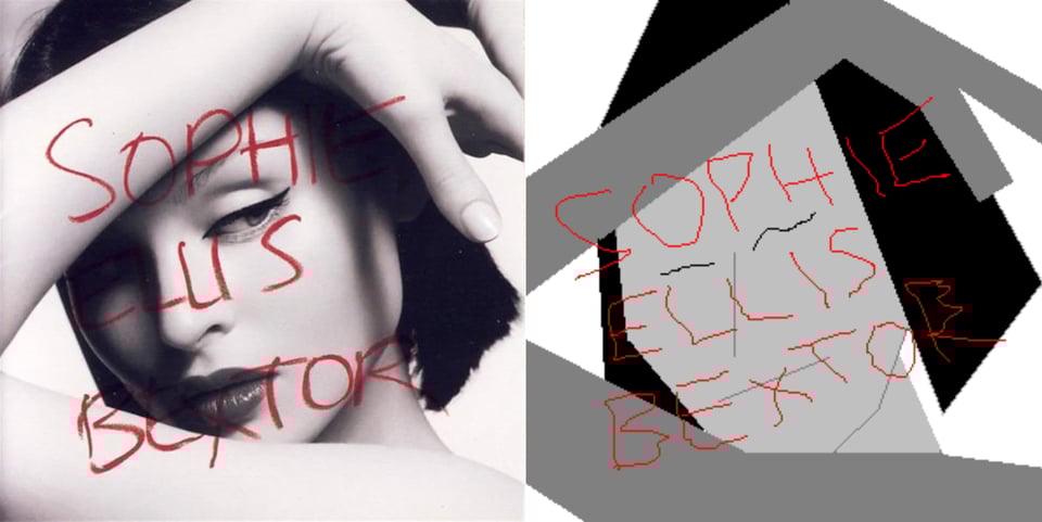 A black and white close up of Sophie Ellis-Bextor, a white woman with shortish black hair, possibly a kind of bob cut. She frames her face with one arm curved around, her wrist on her forehead and her hand touching her hair. Her face points to the camera, but she looks to the right. She wears a lot of makeup, giving her a kind of porcelain figure look. Across this image is "SOPHIE ELLIS BEXTOR" written in red, in what looks like lipstick.