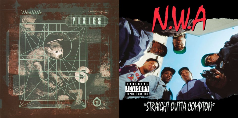 First pic: On a brown background is a monotone photo of a small monkey. The monkey has a halo and is surrounded by three numbers: 5,6 and 7. The picture of the monkey has a green outline of a box around it, and within that box are green lines that make a bunch of connected shapes: squares, rectangles, circles, triangles, stars, trapezoids. etc. Second pic: Six young Black men shot from the ground looking up, so they appear to be standing over you. They are arranged in a circle. One of them is pointing a gun at the camera. They all look a little disappointed, like you fucked up and now they have to kill you. Also, please note there is no period after "A" in N.W.A