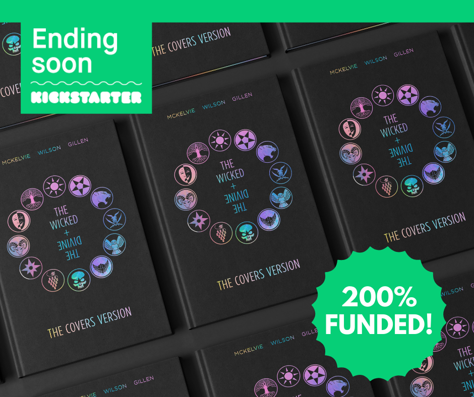 A promotional graphic for the Wicked And Divine: Covers Version kickstarter, featuring an image of multiple copies of the Deluxe version of the book. The cover is black with holographic foil.