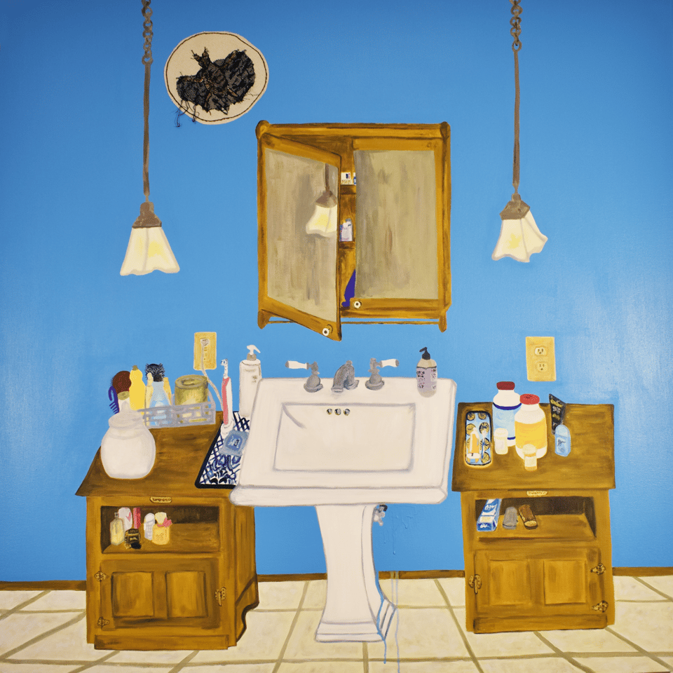 an interior painting of a bathroom with a flat blue wall