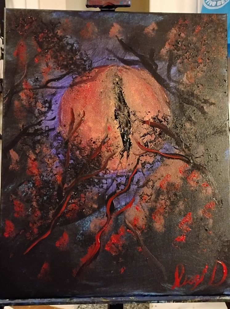 An oil painting of a large orange eye surrounded by strange vines and vessels