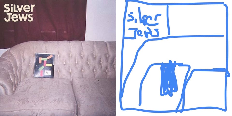 A color photograph, that has a faded, aged look to it, of a faded-pink couch. On the couch, propped up against the back cushion, is what looks like a Trapper Keeper style paper folder. It is black with green, orange, and red rectangles on it, as well as the number 4. Behind the couch are red drapes, or perhaps a blanket, covering a window.