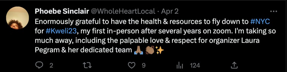 Tweet expressing gratitude for my opportunity to attend Kweli Color of Children's Lit conference in NYC, including pray, clap, and sparkle emojis