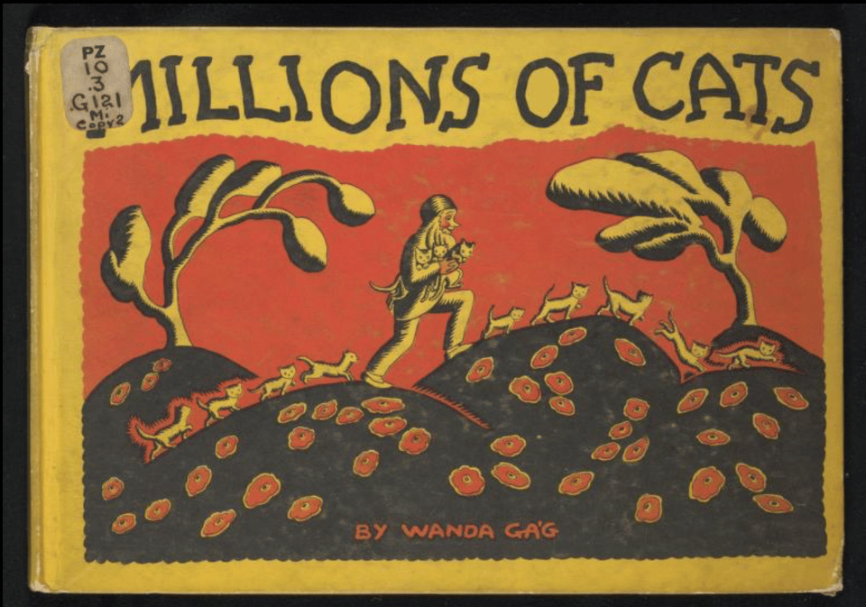A man is walking on a hill holding an armful of cats, and many cats are following him along the hills. Above this image it says "Millions of Cats"