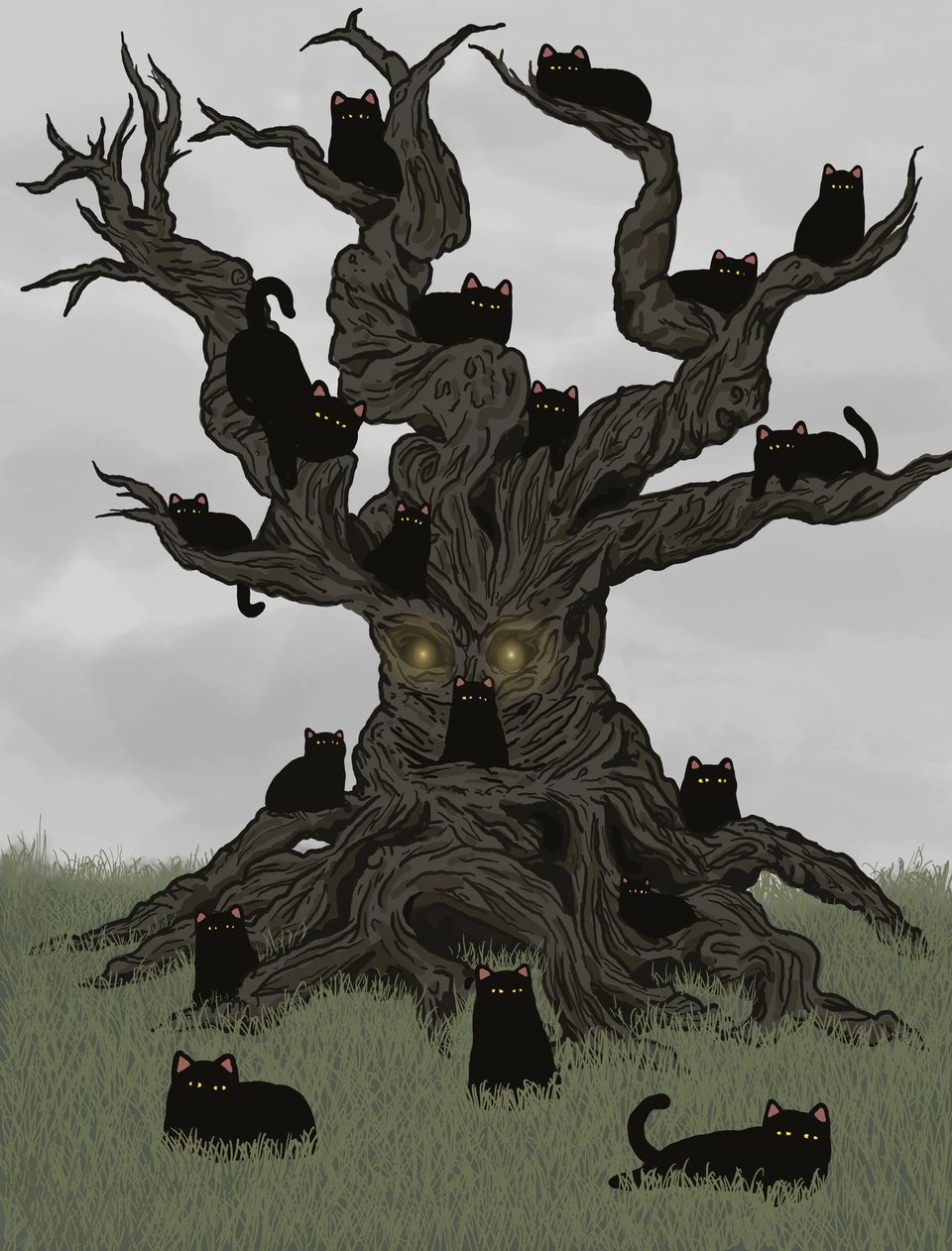 An illustration of a dozen black cats perched in and around an ominous gnarled tree