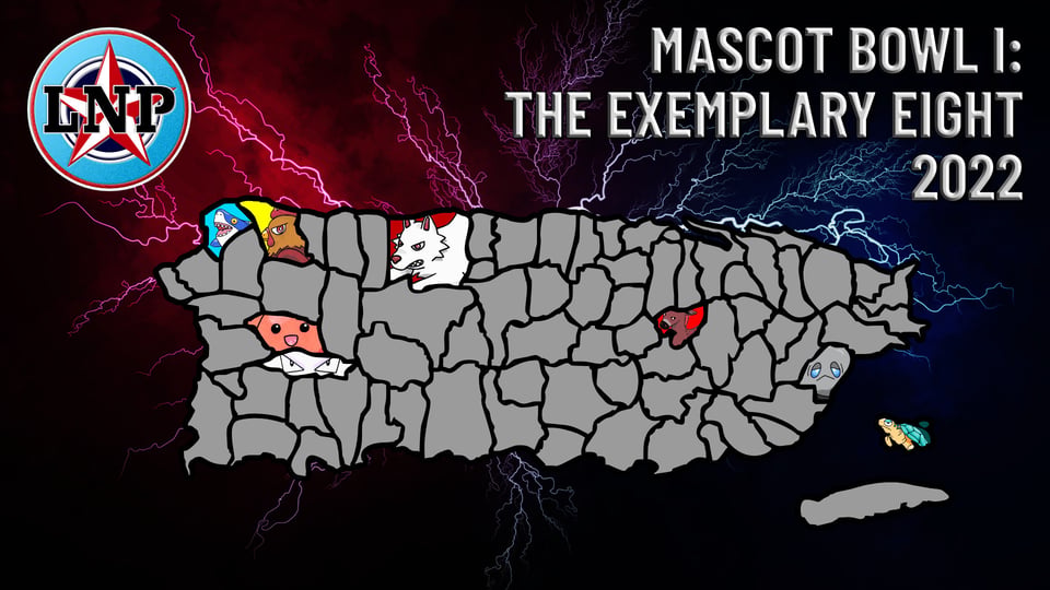 A map of Puerto Rico highlighting the eight original mascots: Tibunachón the derpy shark in Aguadilla, Crestundente the conceited gamecock in Isabela, Citrombo the happy oranges in Las Marías, Tazastre the angry coffee cup in Maricao, Lobravo the defensive wolf in Arecibo, Ñoquilenga the stubborn mule in Aguas Buenas, Llantuvia the sad raincloud in Humacao, and Conchazuda the phlegmatic turtle in Culebra.