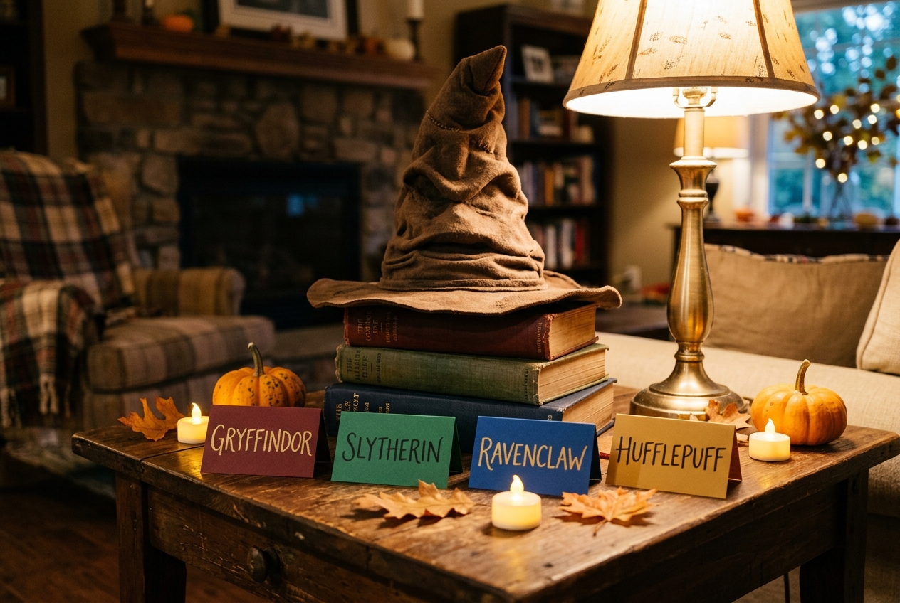 A homemade sorting station: a floppy brown felt hat on a stack of old books with four folded house cards in maroon, green, blue and yellow