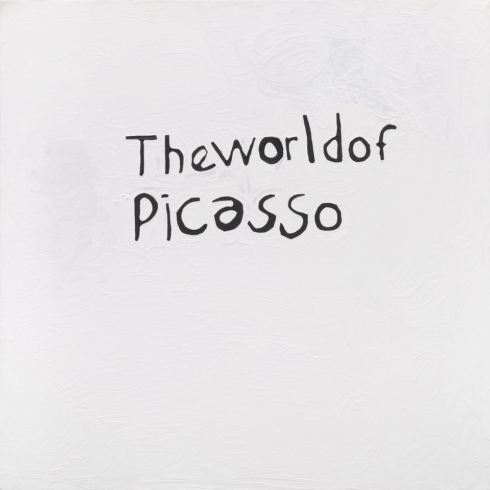 a square white canvas with built-up acrylic paint. It reads "Theworldof Picasso" in black, hand-rendered text.