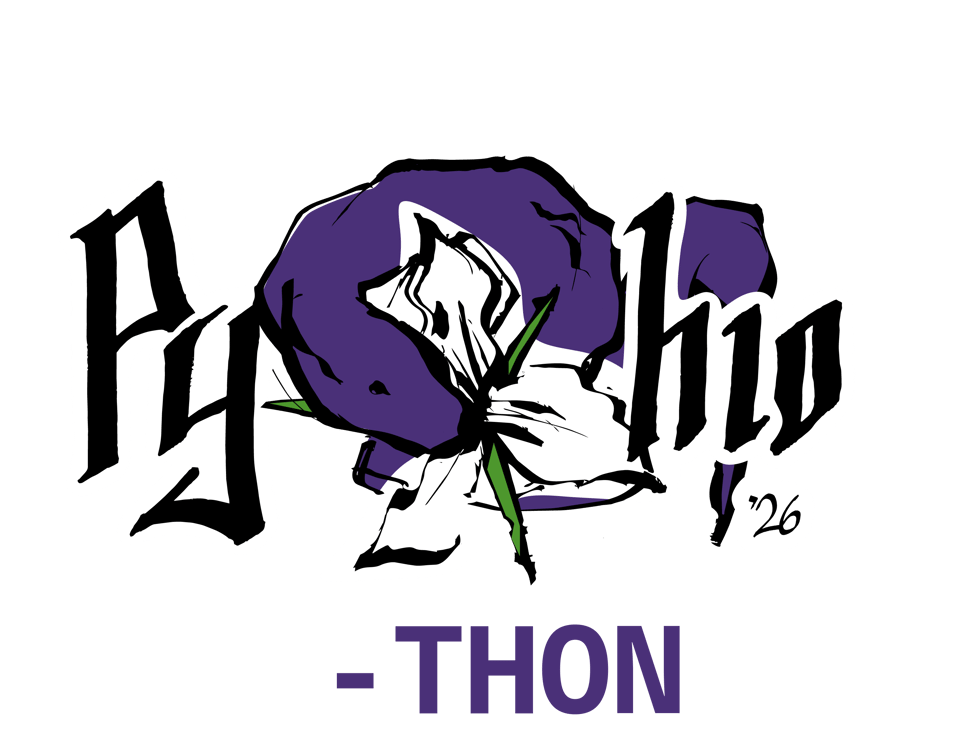 The PyOhio 2026 Logo: Stylized black lettering on a white background spells the word PyOhio, with the O formed by a purple snake coming from behind the lettering. The snake is biting a White Lillium, the state wildflower of Ohio