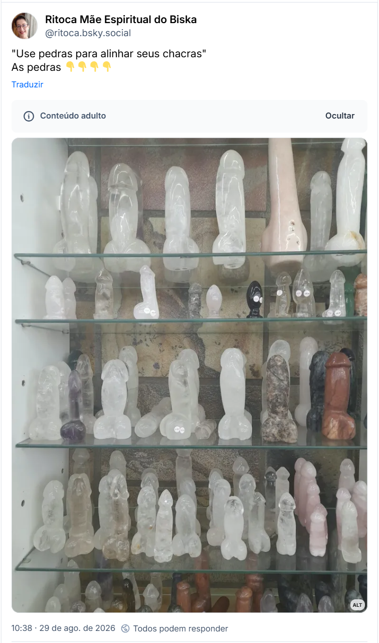 Post de Ritoca Mãe Espiritual do Biska (@ritoca.bsky.social): "Use pedras para alinhar seus chacras"
As pedras 👇👇👇👇
(imagem de Vários pênis e pulgs anais feitos de cristal ou pedra)