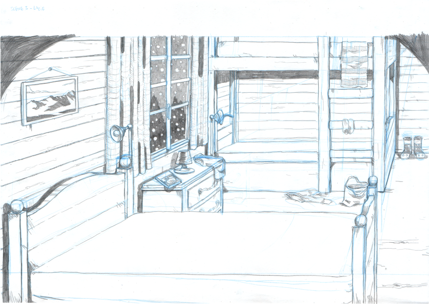 the same sketch with black pencil added over the blue lines. It is also used to add shadows in certain places.