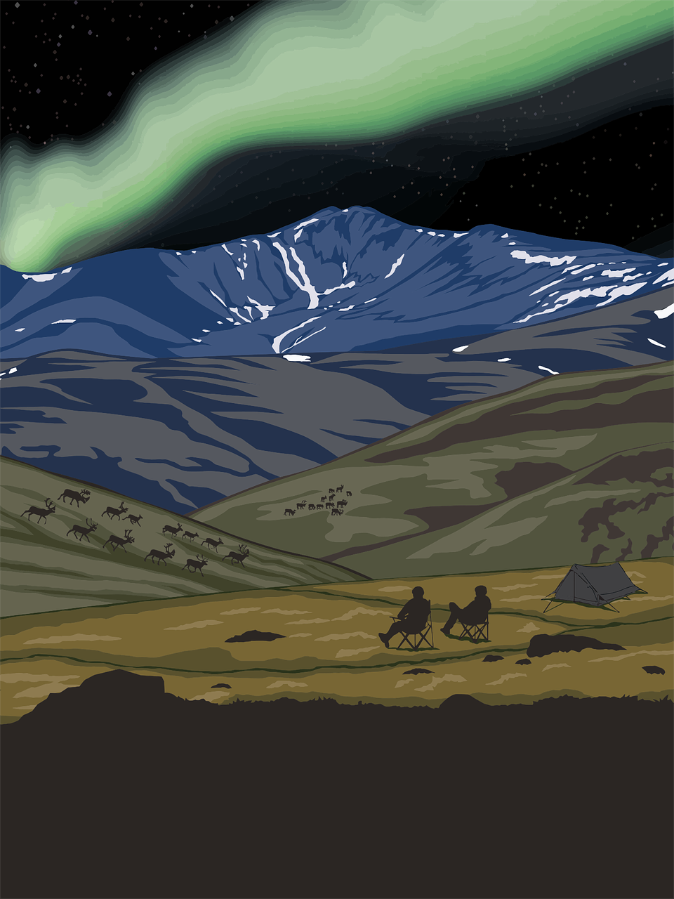 Two people look at the Northern Lights in this illustration of Alaska.