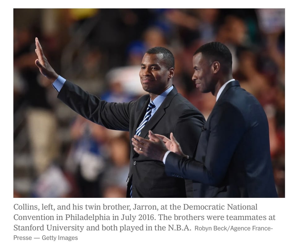 Collins, left, and his twin brother, Jarron, at the Democratic National Convention in Philadelphia in July 2016.