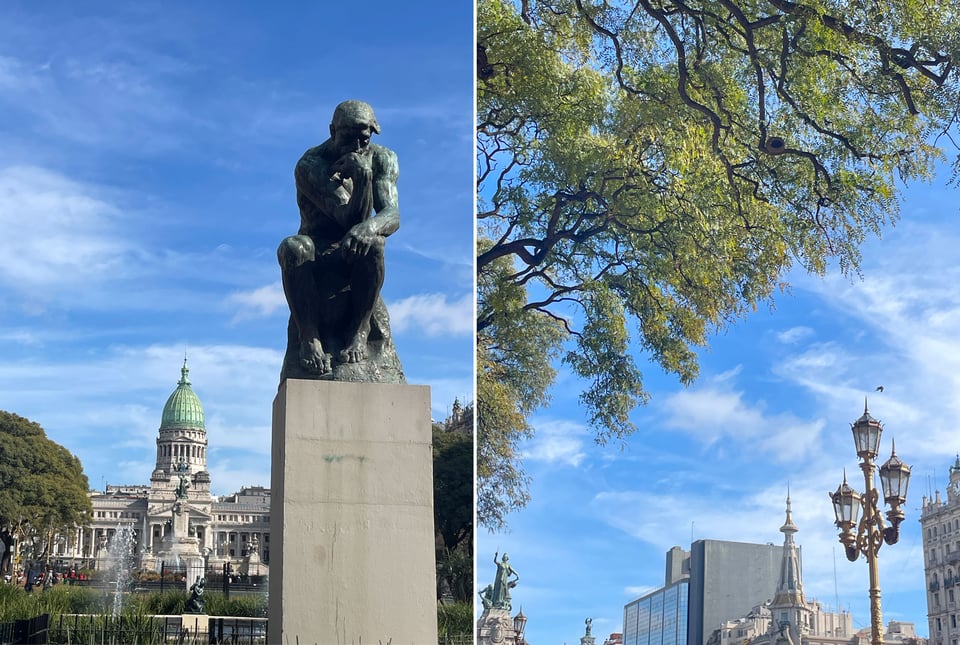 There are two vertical photos next to each other. The first shows Rodin's "The Thinker" statue is on a podium in the foreground with the congress building far away in the background. The second photo shows the upper branches of a Tipa tree with a nest of an Hornero bird.