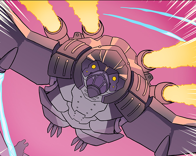 A penguin in armor and jetpack flies toward the viewer