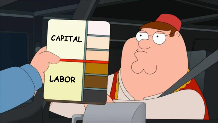 variation on the Family Guy color card meme. Capital and Labor are distinguished by their proximity to darkness.