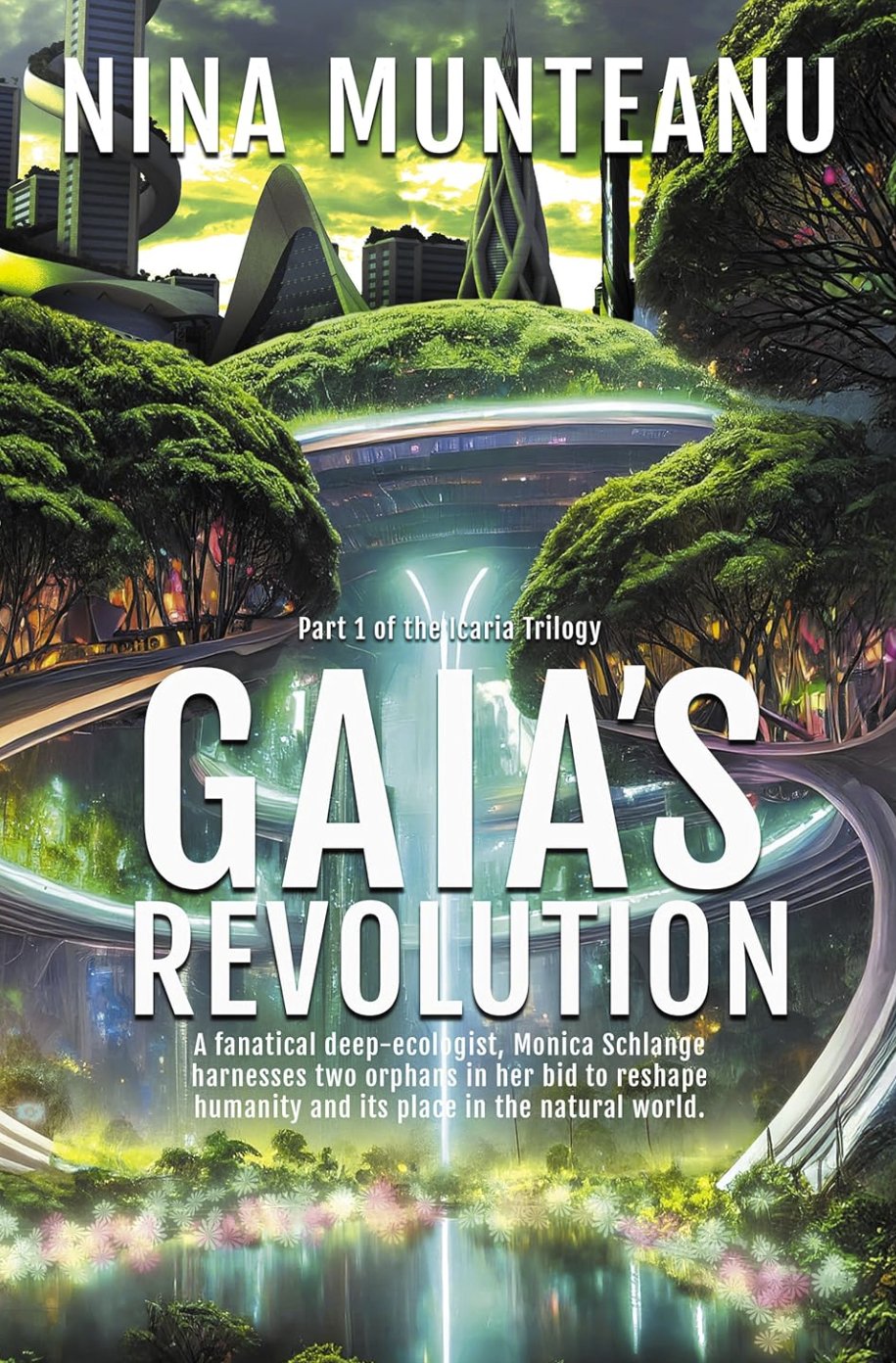 Solarpunk vibes with green space and healthy water and plants near a city.