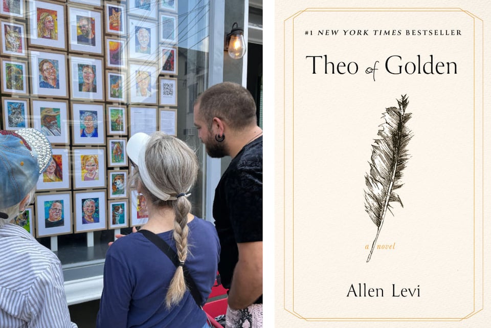 photo of people looking at Gwenn Seeme's art and the cover of Allen Levi's book