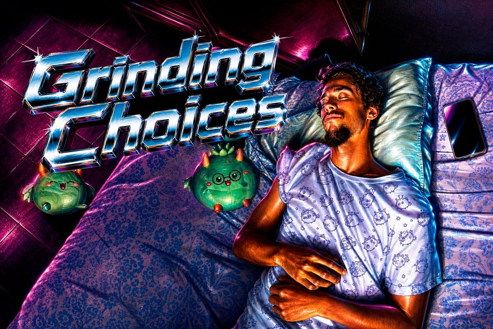 Text reads "Grinding Choices", and image shows a fan asleep next to a phone. Strange green creatures roam next to him.