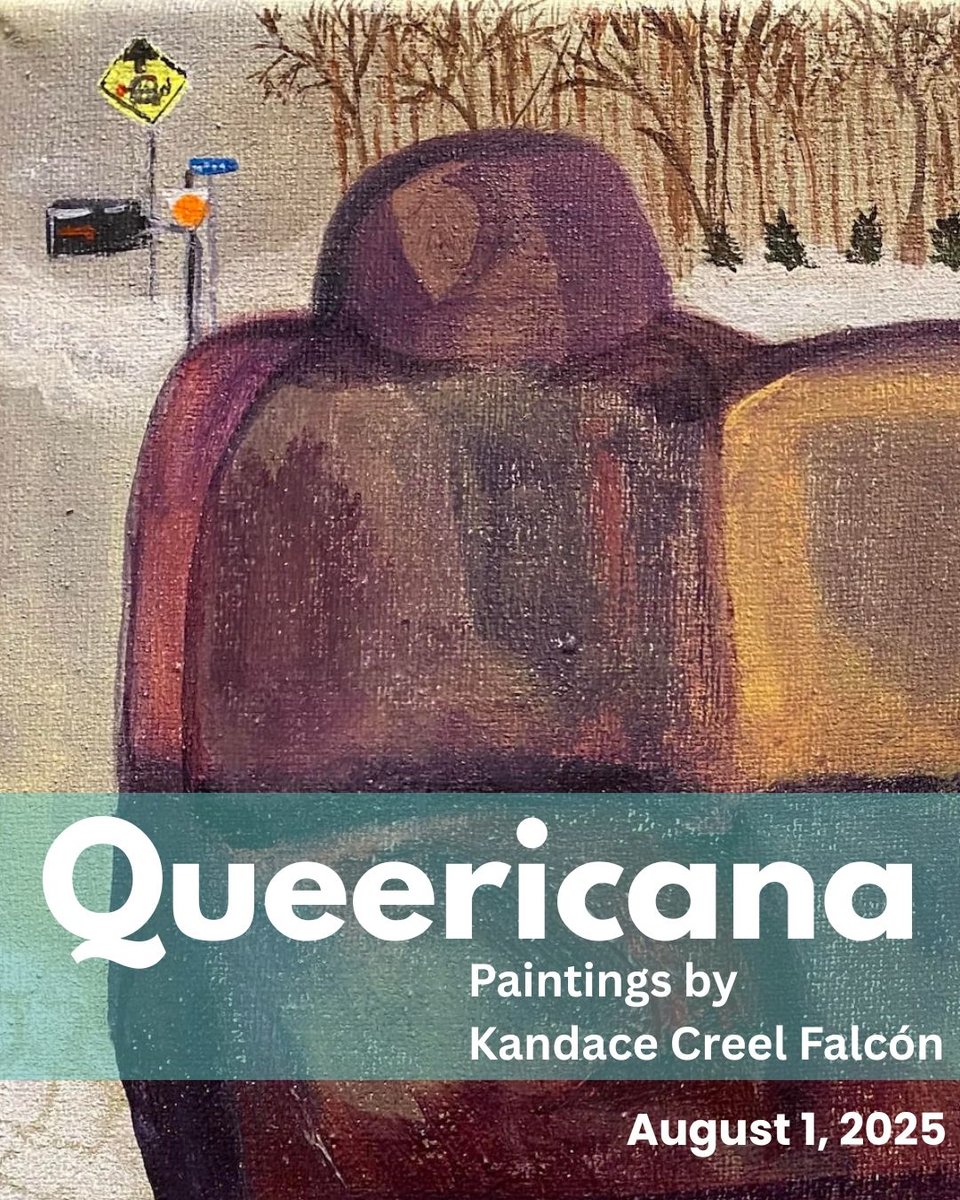portion of a painting of a winter scene with a car bench with queericana written a top