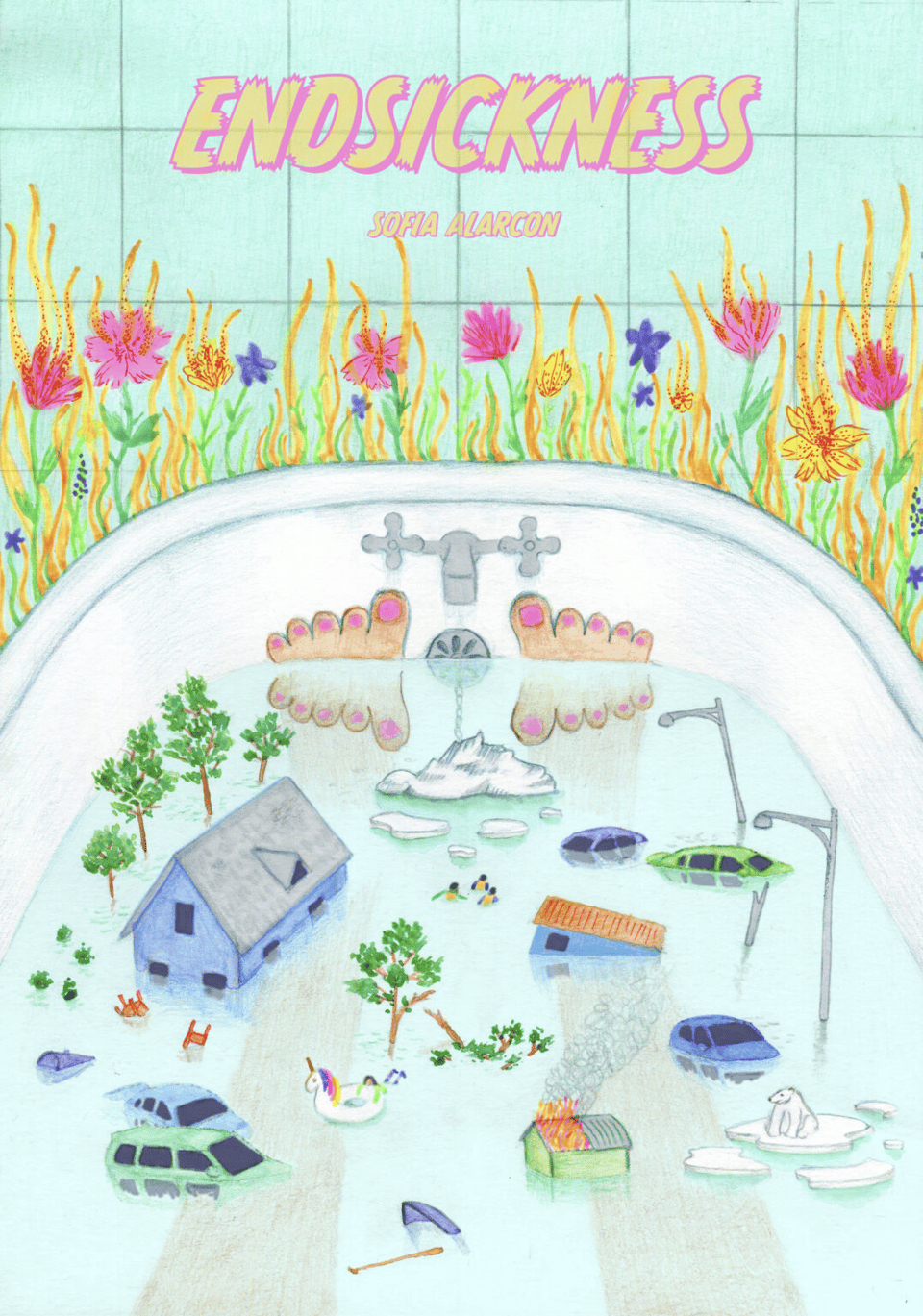 The cover of Endsickness, featuring a bair of legs in a bath with flooded houses trees and other indicators of climate change.