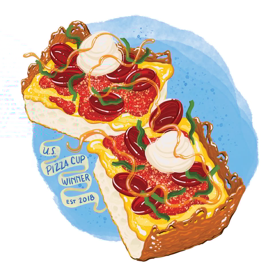 Two slices of thick Detroit style pizza topped with pepperoni, ricotta cheese and hot honey