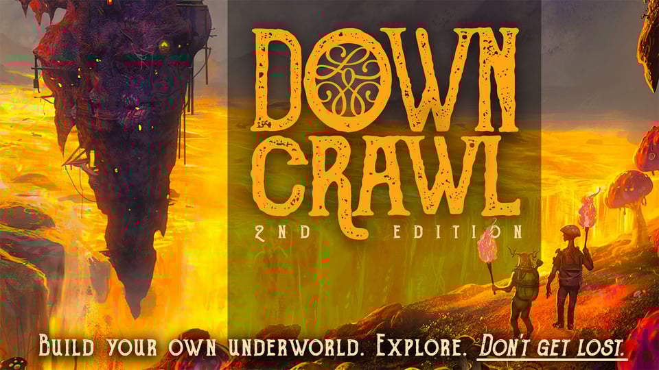 The Downcrawl logo shows art of two explorers overlooking a magma waterfall, with the slogan