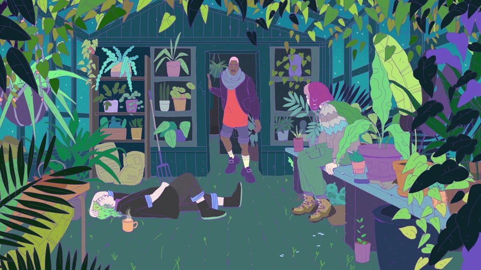 a colourful room full of houseplants, a man enters to find two others already in there - one seated on a table, the other lying on the floor.