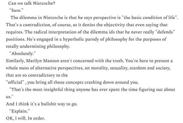 A screen grab of Neil Kulkarni's interview with Marilyn Manson