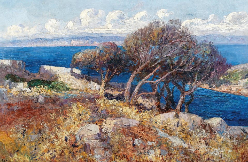 Trees on rocky terrain overlooking a deep blue sea under a cloudy sky