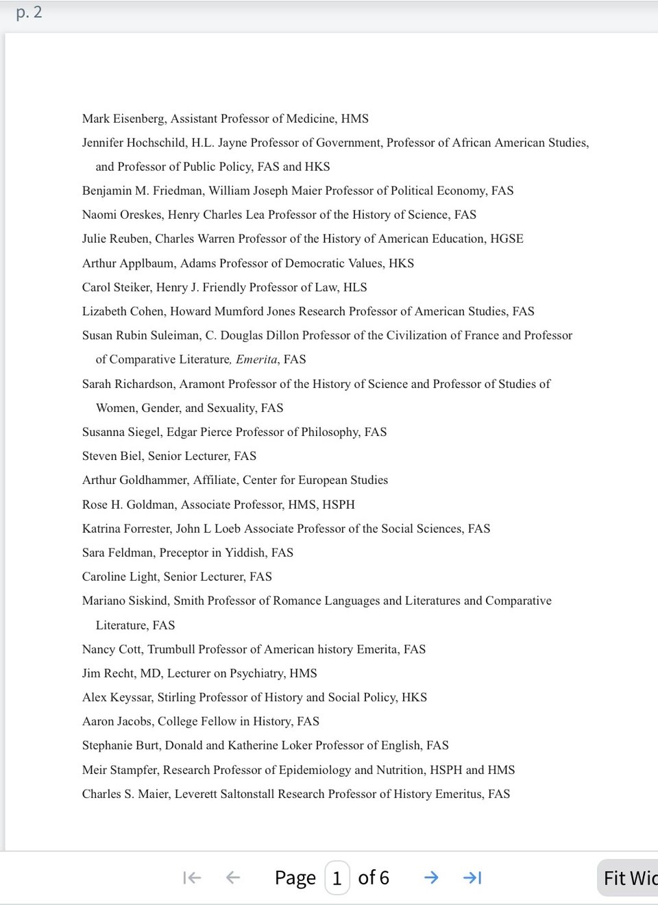 Page 2 of 6 pages of the letter sent by Jewish Harvard faculty and staff in defense of Harvard.