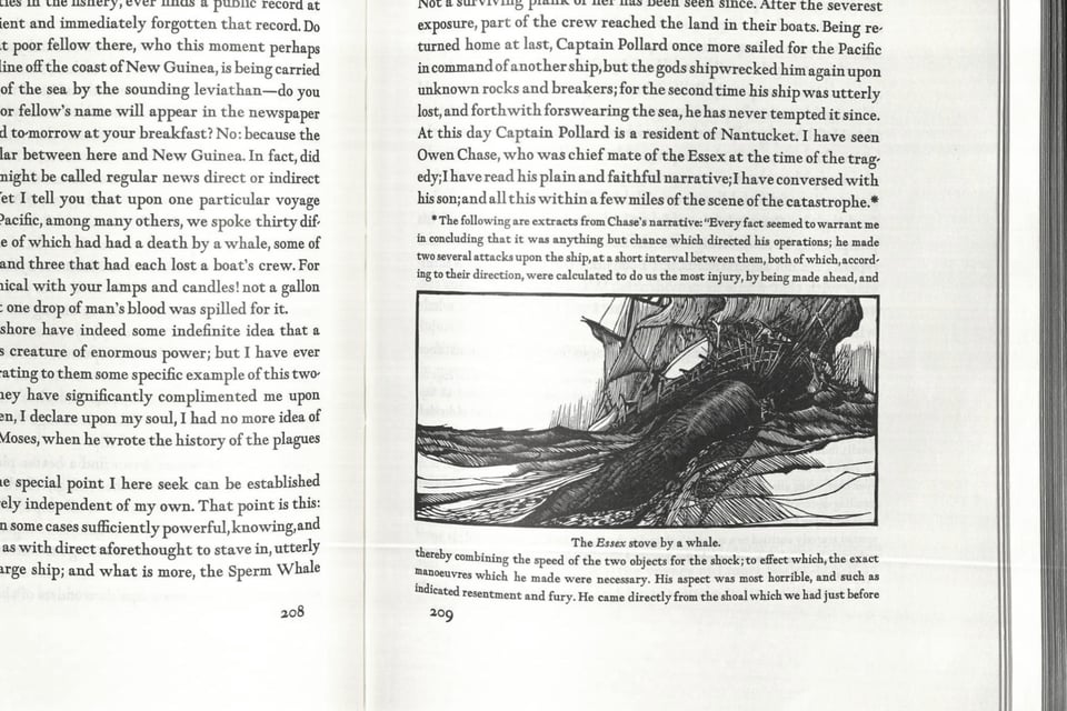 [A book page with type and a black and white illustration of a whale running into a ship.]