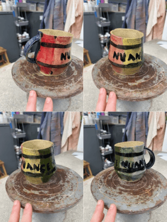 Four shots of the same ugly mug. It's got a bellied out base but collapsed into it. It's been painted with garish colors: blue, red, pink, yellow, green, and paler blue.