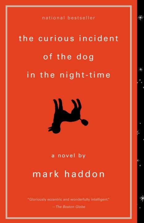 Cover of Mark Haddon's novel The Curious Incident of the Dog in the Night-Time. Below the title, an upside-down silhouette of a poodle appears against a red background.