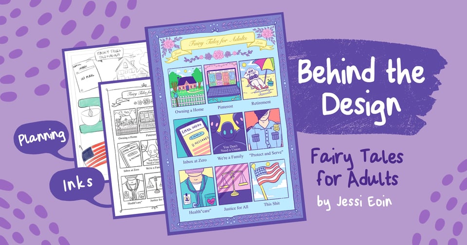 A graphic for Behind the Design: Fairy Tales for Adults by Jessi Eoin that shows the three stages of the comic's production: pencils, inks, and completed, next to the text announcing the topic.