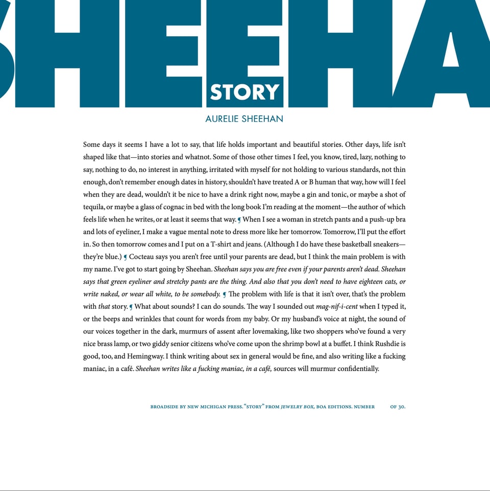 blue letters that say SHEEHAN plus a block of text that's a piece by aurelie sheehan called "story"