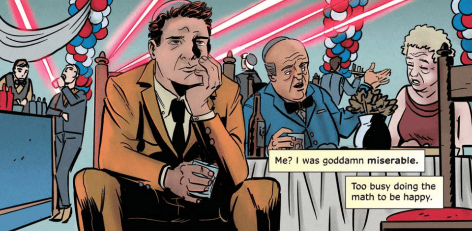 a panel fron Nice Jewish Boys by Kleid, Broglia, Wright showing Jake Levin miserable at a bar mitzvah in a tan/orange suit, holding a drink and head in a hand. The captions say "Me? I was goddamn miserable. Too busy doing the math to be happy."