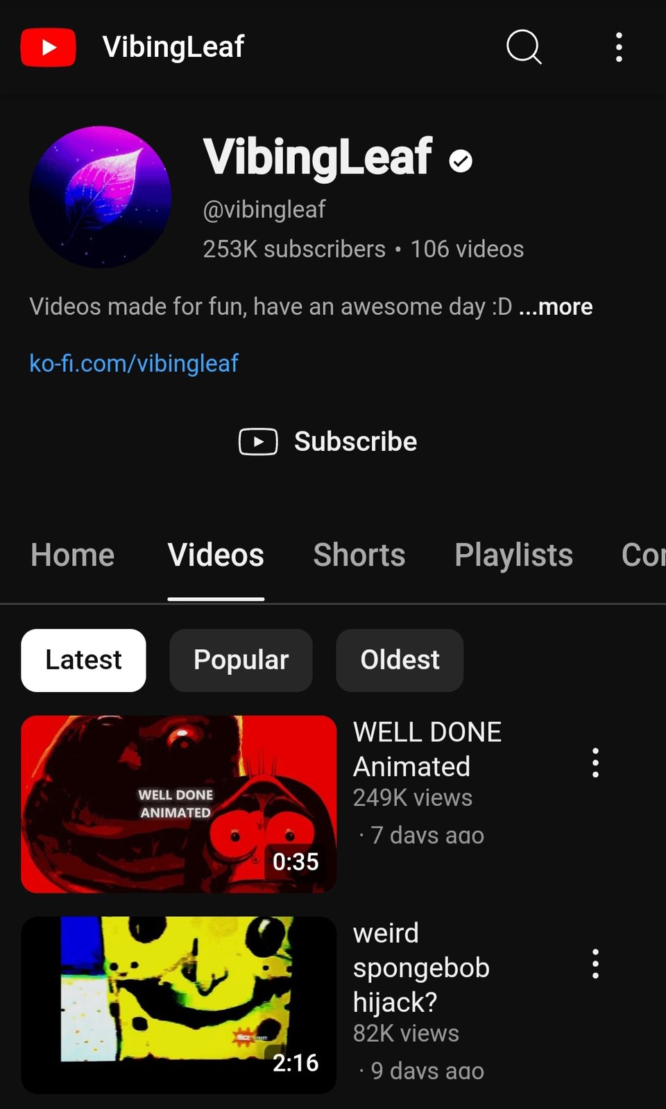 A screenshot of VibingLeaf's YouTube profile page
