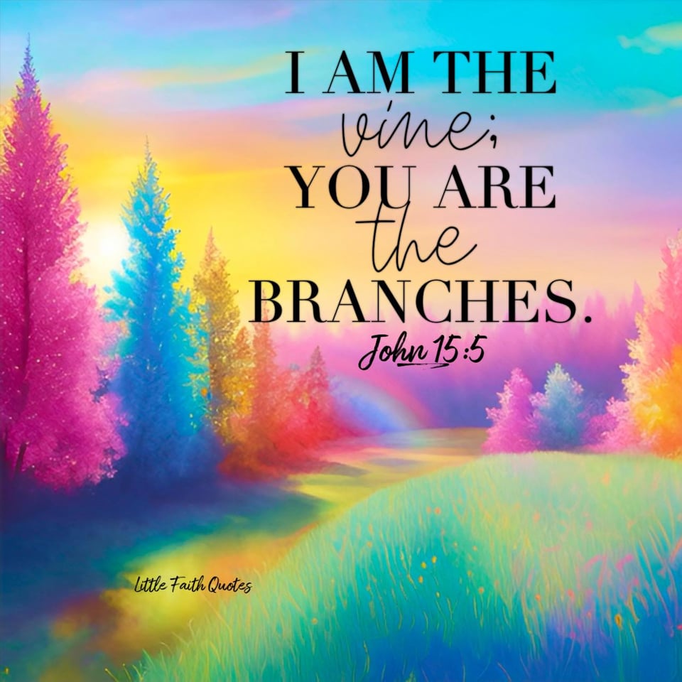 βI am the vine; you are the branches. If you remain in me and I in you, you will bear much fruit; apart from me you can do nothing." ~John 15:5. A beautiful, rainbow pastel forest rises around a green and yellow meadow of grass and flowers. Image by: @Little Faith Quotes.