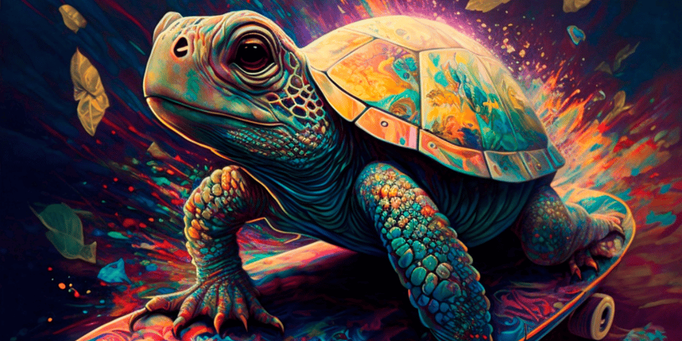A graphical turtle on a skateboard.