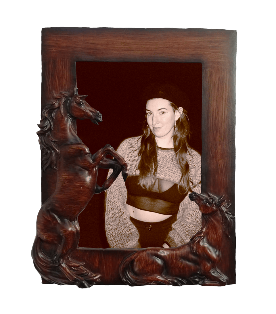 image of Caitlin in a horse frame