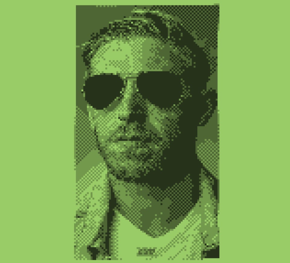 A portrait of the wrestler Orange Cassidy. He is wearing glasses and a denim jacket. The image is rendered in the style of a gameboy game.