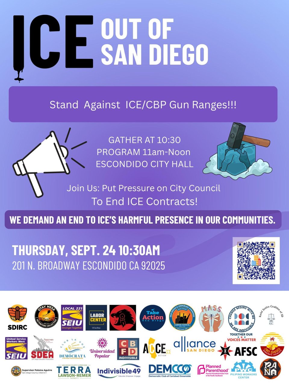 RALLY: Thurs. Sept. 24 11 AM- Esco City Hall Plaza, Stop Renewal of ICE Contracts 