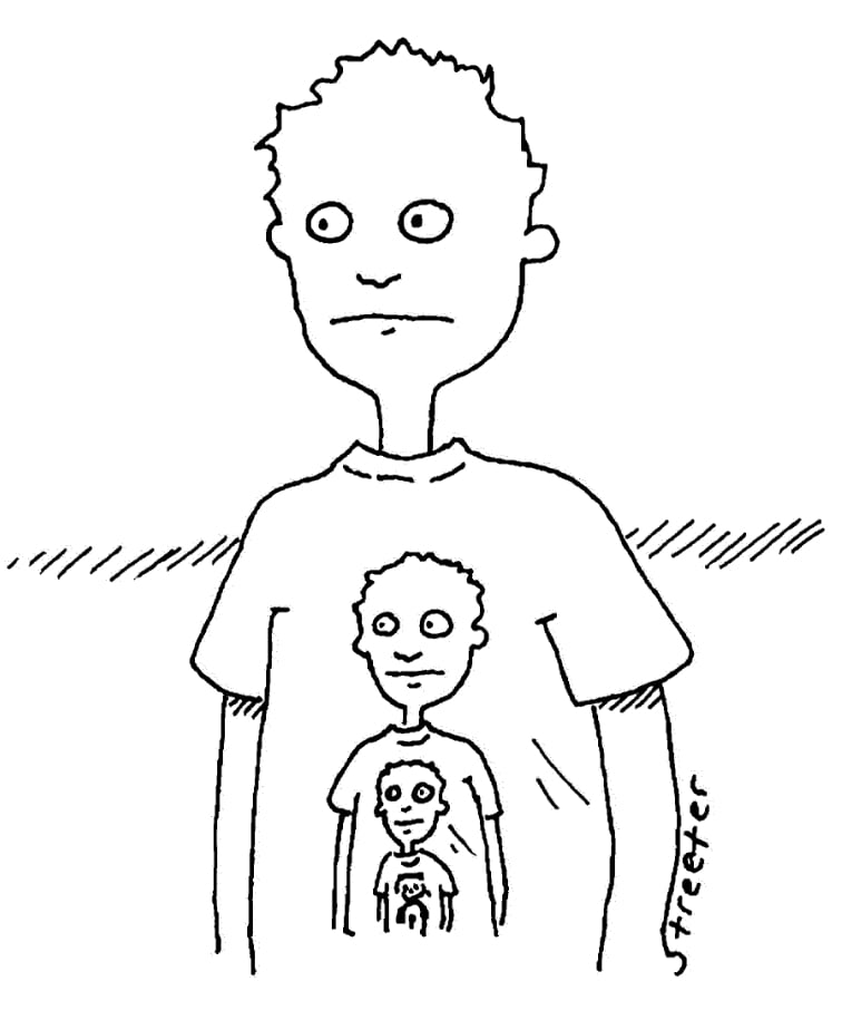 Cartoon of man with picture of himself on his shirt and himself on that shirt and so on