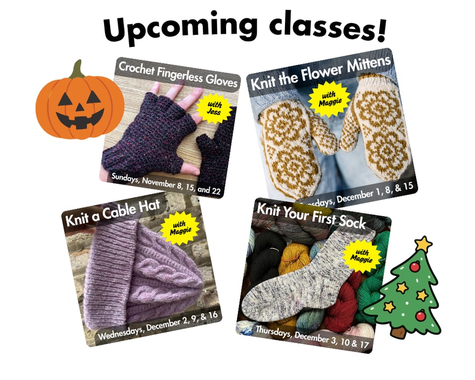 tiles of some upcoming classes at the dropped stitch