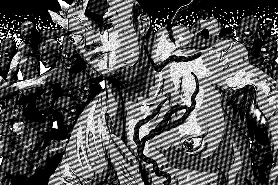 warped man in front of army of imps